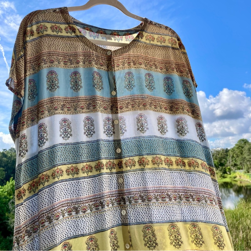 J. Jill Striped Floral Button-Front Tunic in Blue, Yellow, Cream, Brown